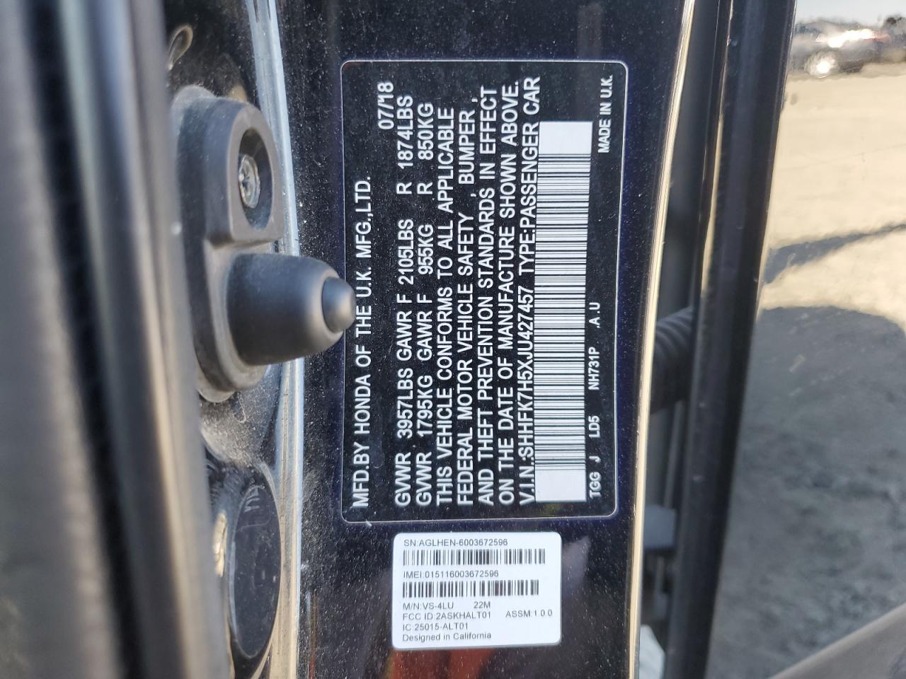 2018 Honda Civic Ex VIN: SHHFK7H5XJU427457 Lot: 68751015