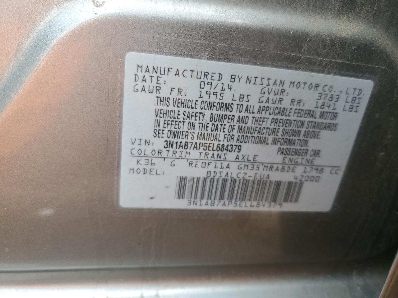 2014 Nissan Sentra S VIN: 3N1AB7AP5EL684379 Lot: 70026635