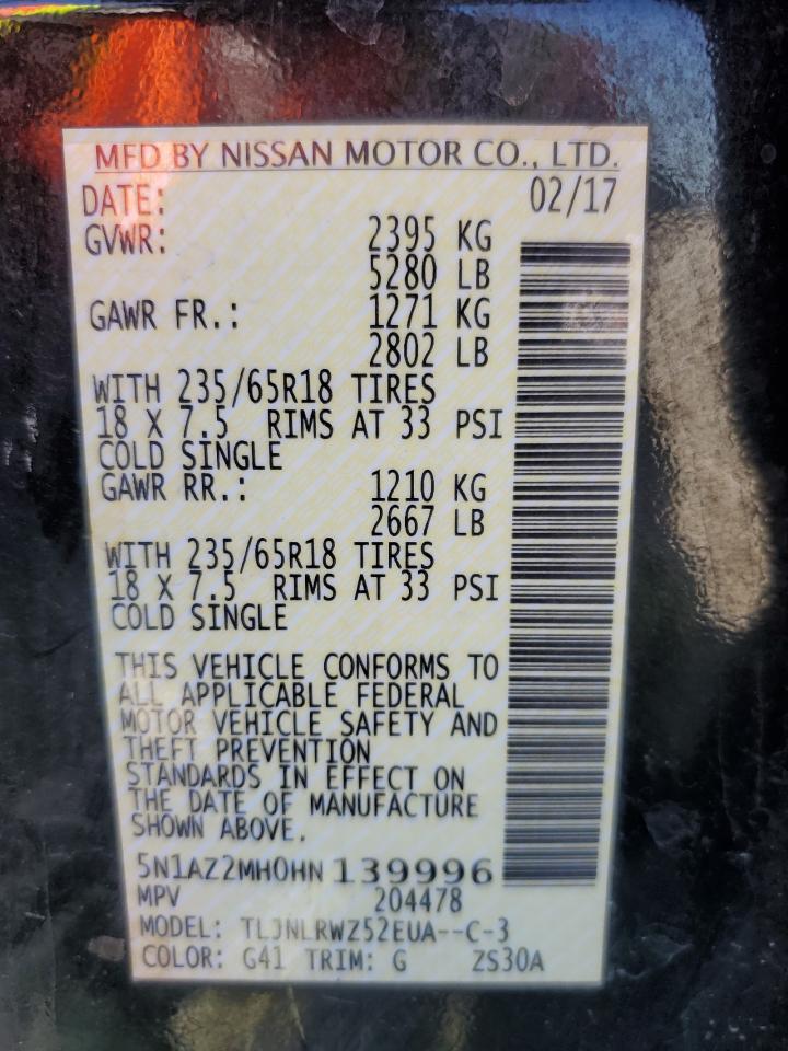 2017 Nissan Murano S VIN: 5N1AZ2MH0HN139996 Lot: 68864005