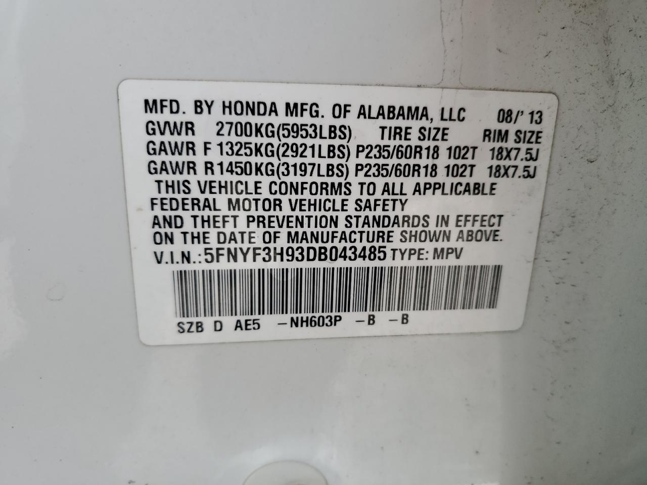2013 Honda Pilot Touring VIN: 5FNYF3H93DB043485 Lot: 68977205