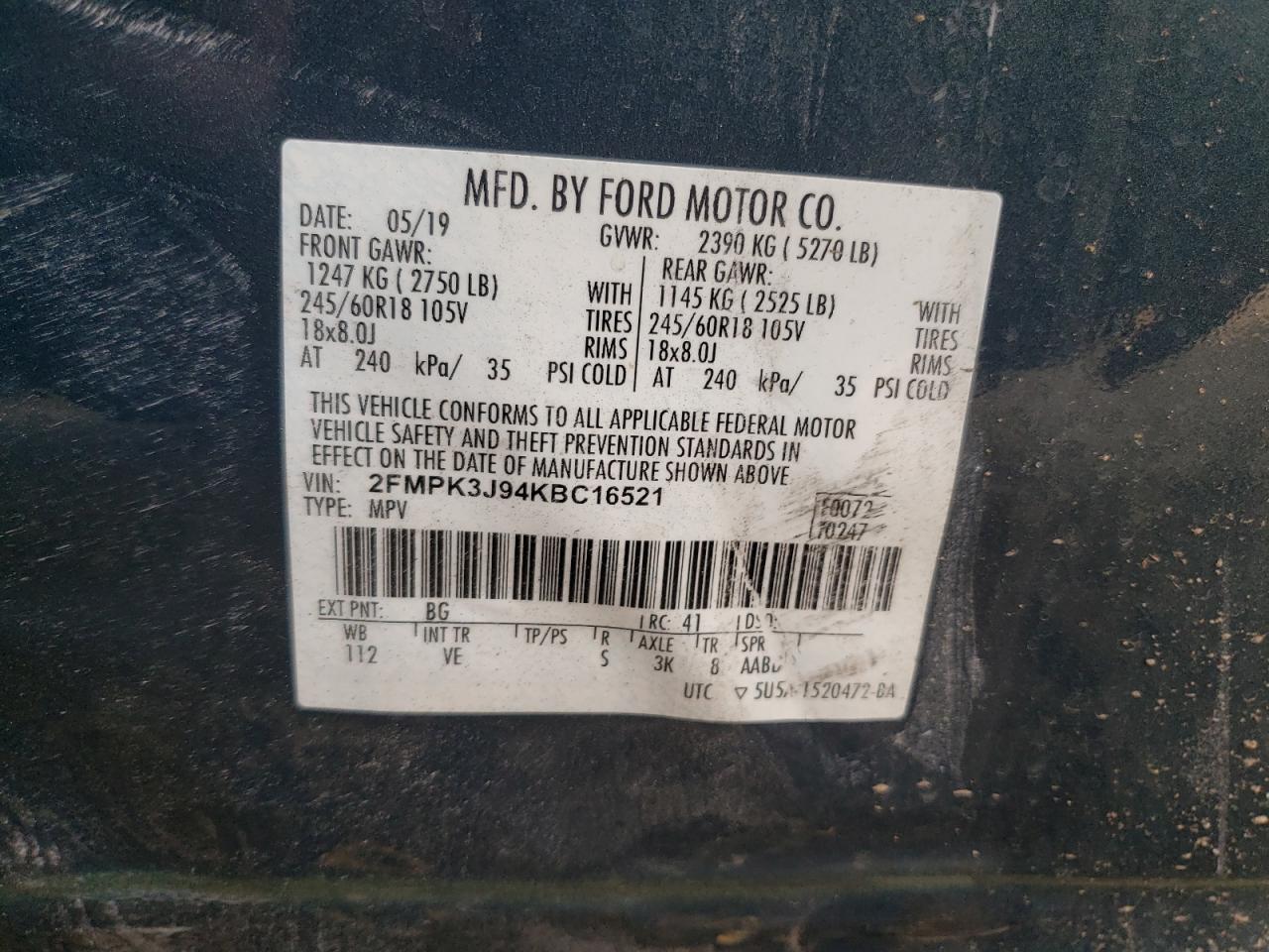 2019 Ford Edge Sel VIN: 2FMPK3J94KBC16521 Lot: 66906325