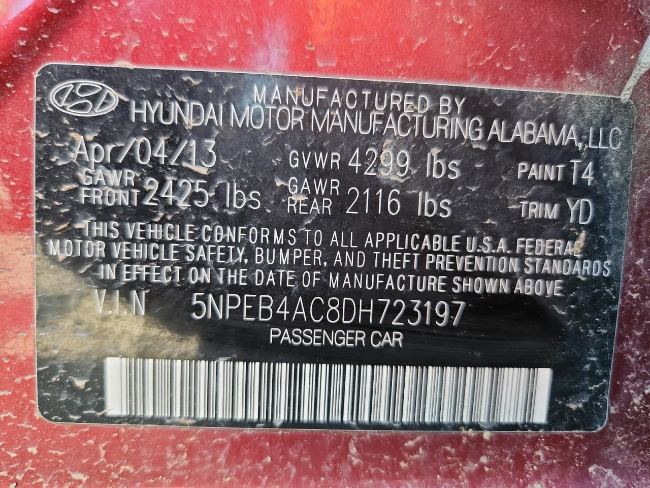 2013 Hyundai Sonata Gls VIN: 5NPEB4AC8DH723197 Lot: 69957555