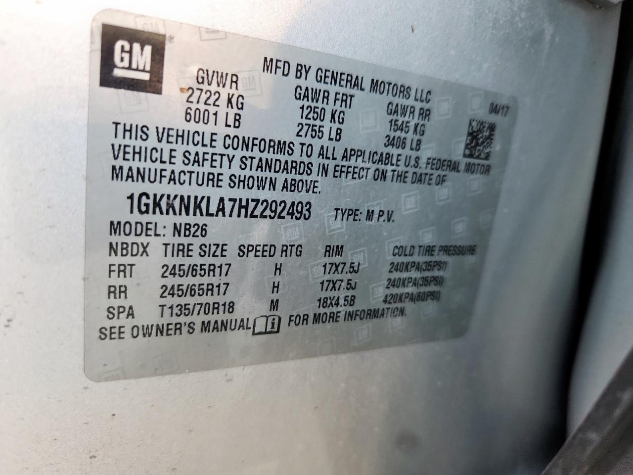 2017 GMC Acadia Sle VIN: 1GKKNKLA7HZ292493 Lot: 68398825