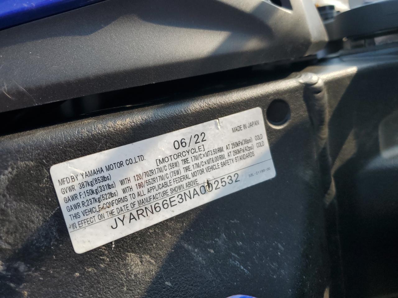 2022 Yamaha Yzfr1 VIN: JYARN66E3NA002532 Lot: 67028055