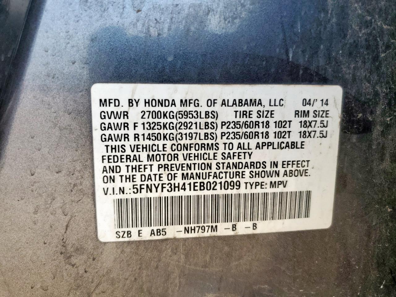 2014 Honda Pilot Ex VIN: 5FNYF3H41EB021099 Lot: 68975655