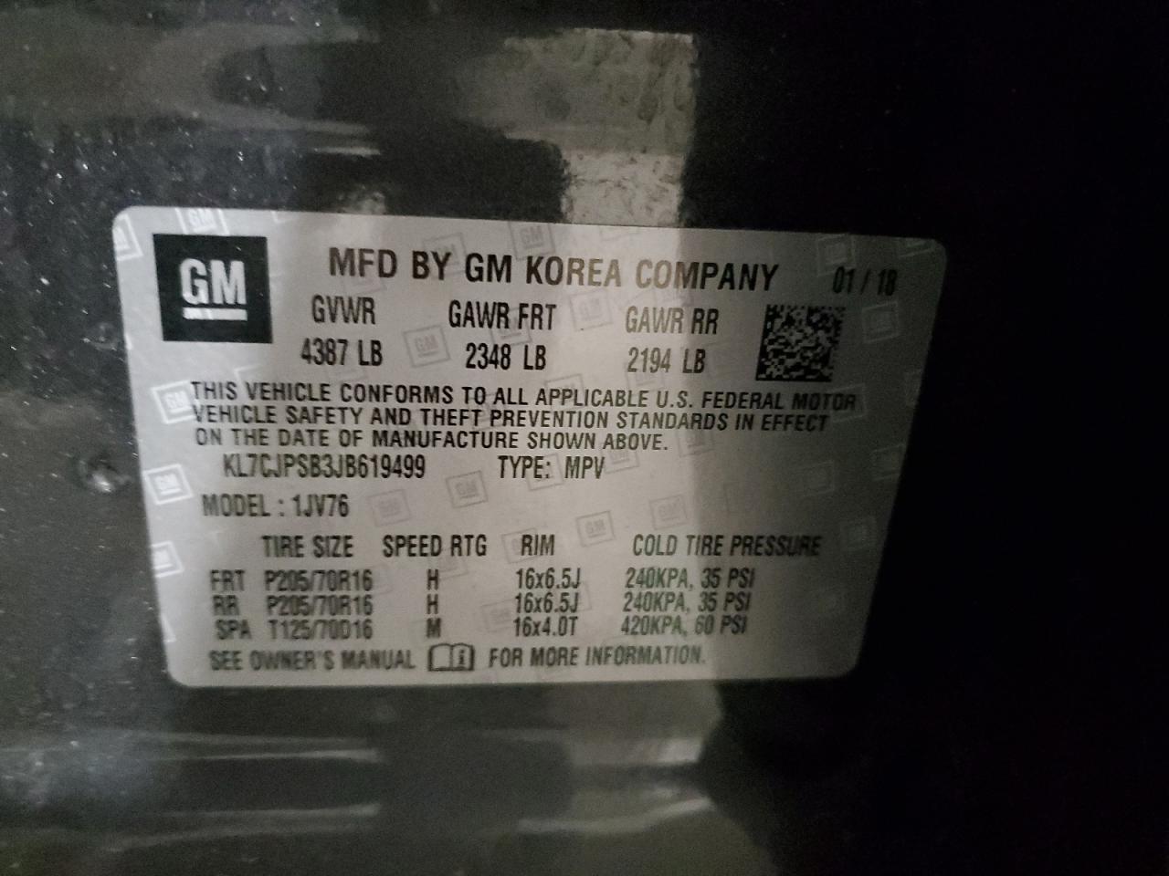 2018 Chevrolet Trax 1Lt VIN: KL7CJPSB3JB619499 Lot: 69688335