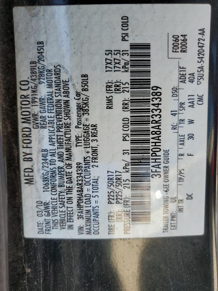 2010 Ford Fusion Se VIN: 3FAHP0HA8AR334389 Lot: 68315185