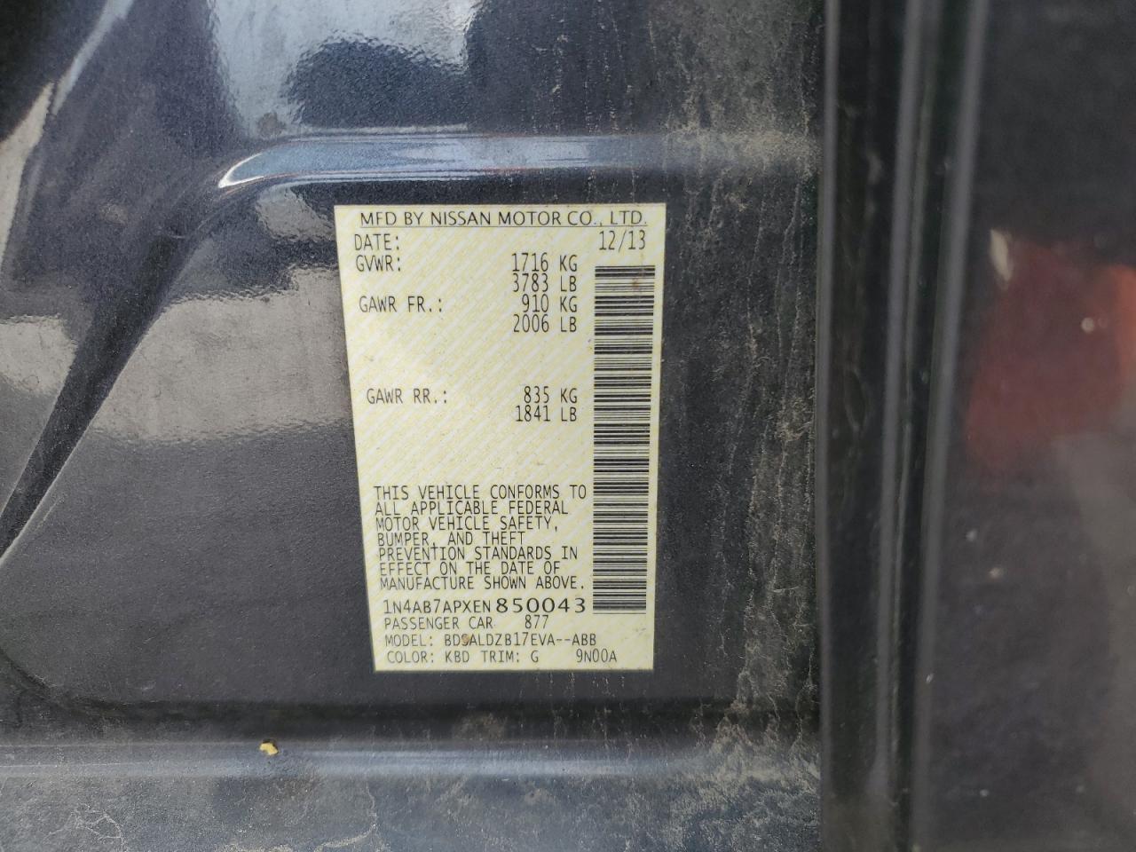 2014 Nissan Sentra S VIN: 1N4AB7APXEN850043 Lot: 70945965