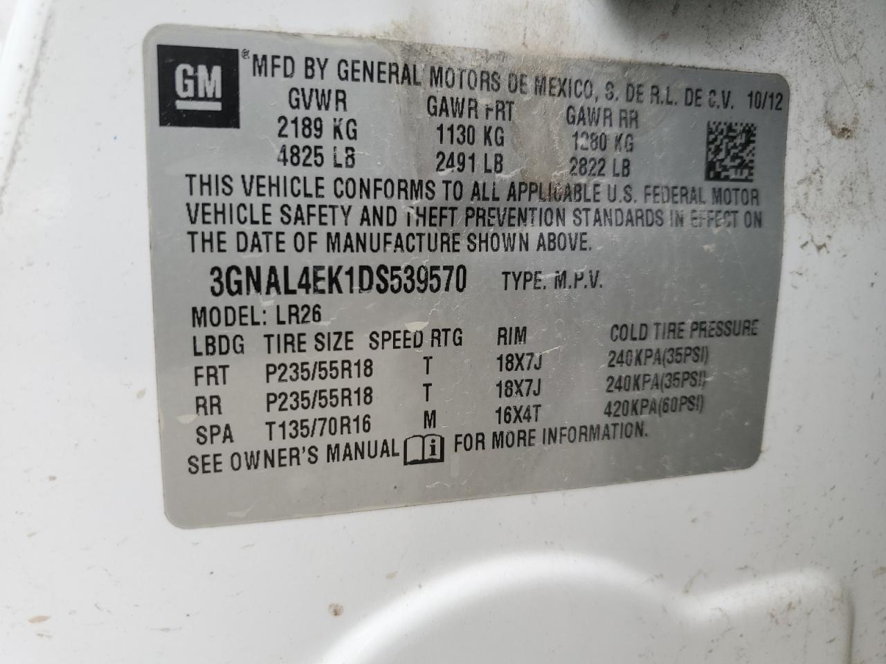 2013 Chevrolet Captiva Ltz VIN: 3GNAL4EK1DS539570 Lot: 67807715