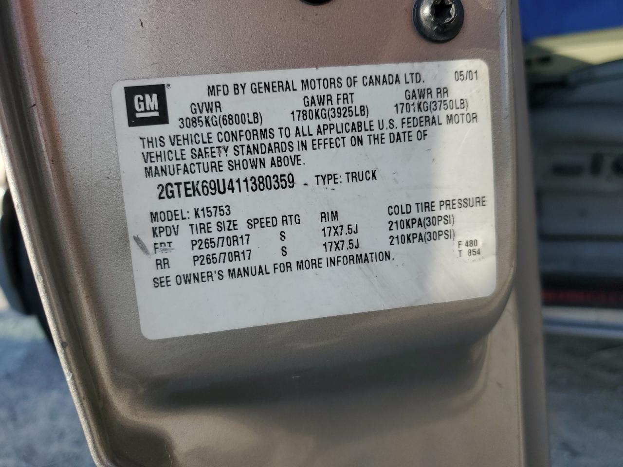 2001 GMC Sierra K1500 C3 VIN: 2GTEK69U411380359 Lot: 69363285