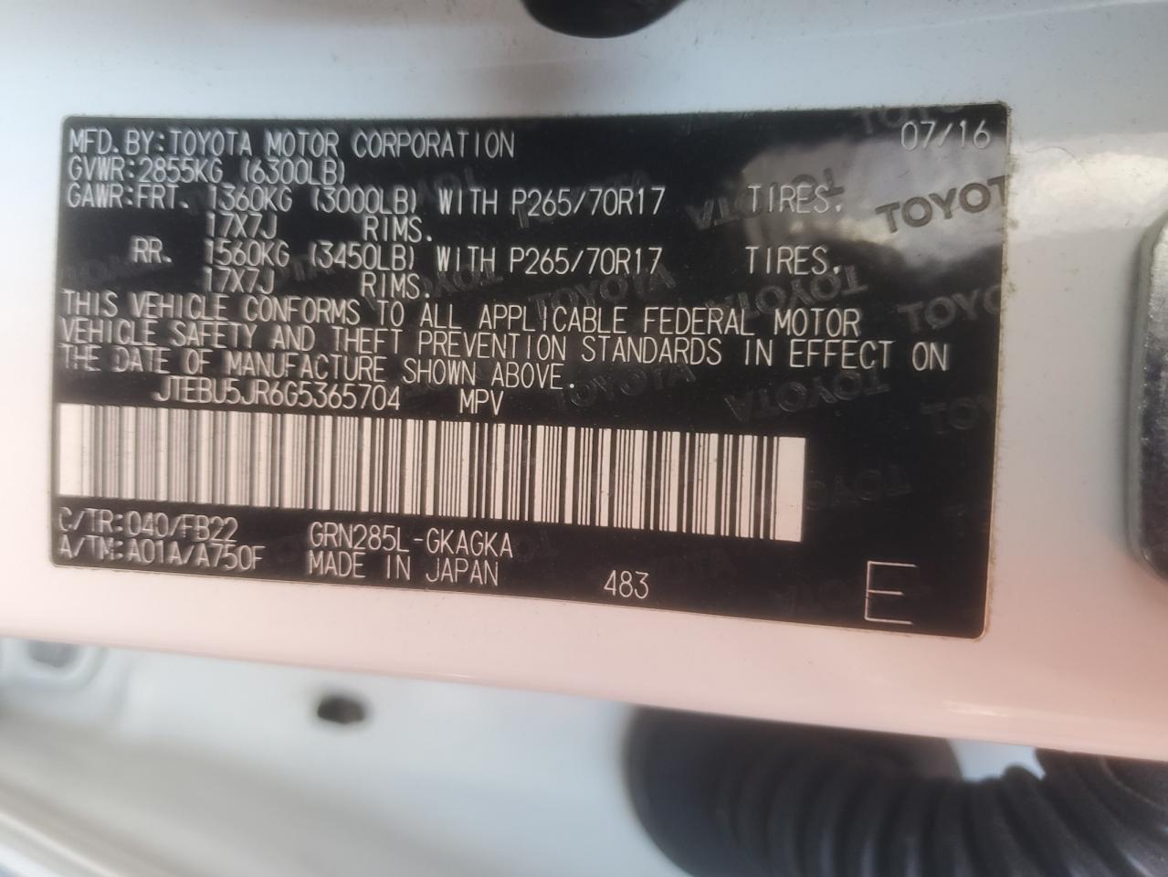 2016 Toyota 4Runner Sr5/Sr5 Premium VIN: JTEBU5JR6G5365704 Lot: 70742965