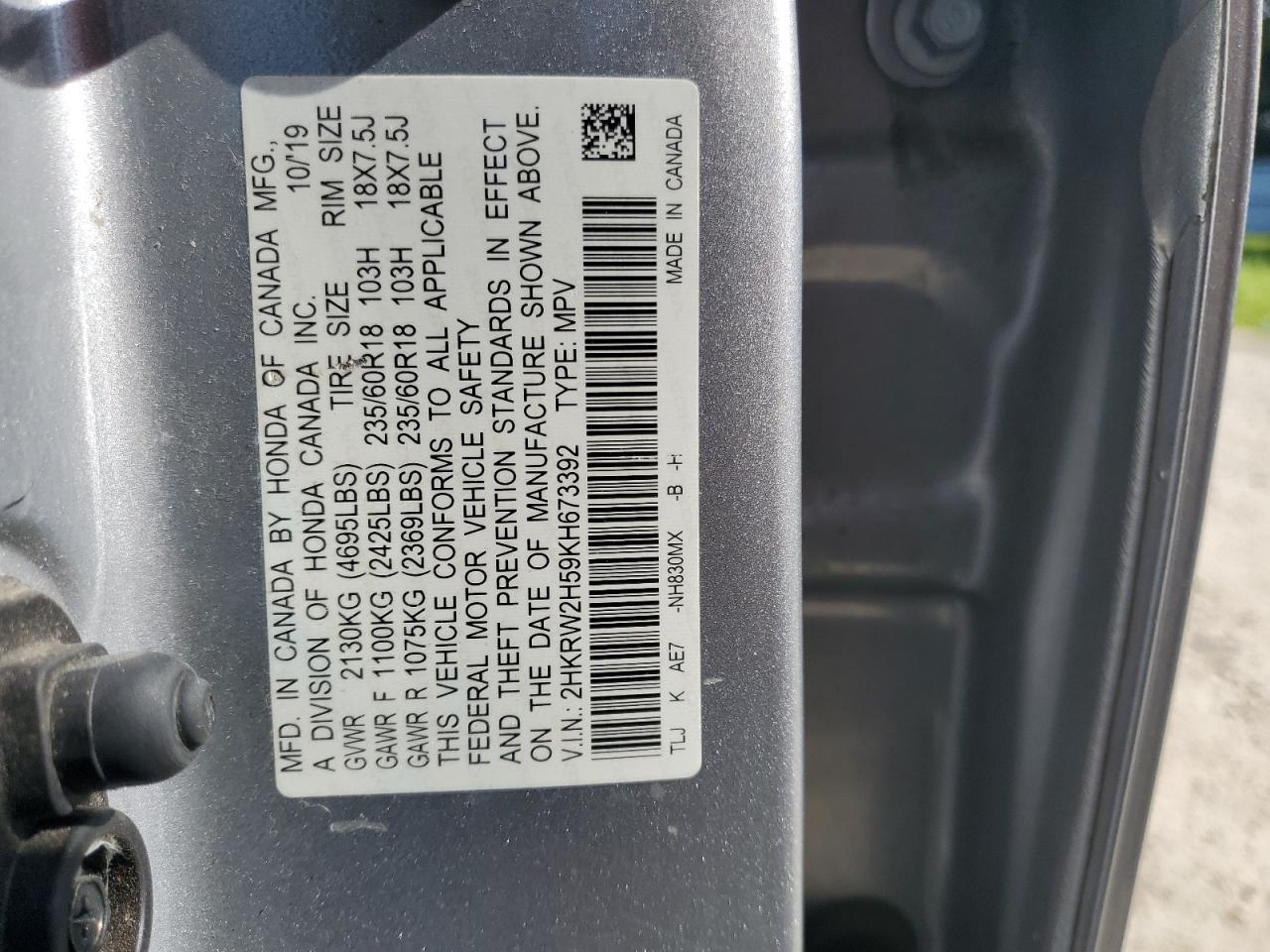 2019 Honda Cr-V Ex VIN: 2HKRW2H59KH673392 Lot: 68757025