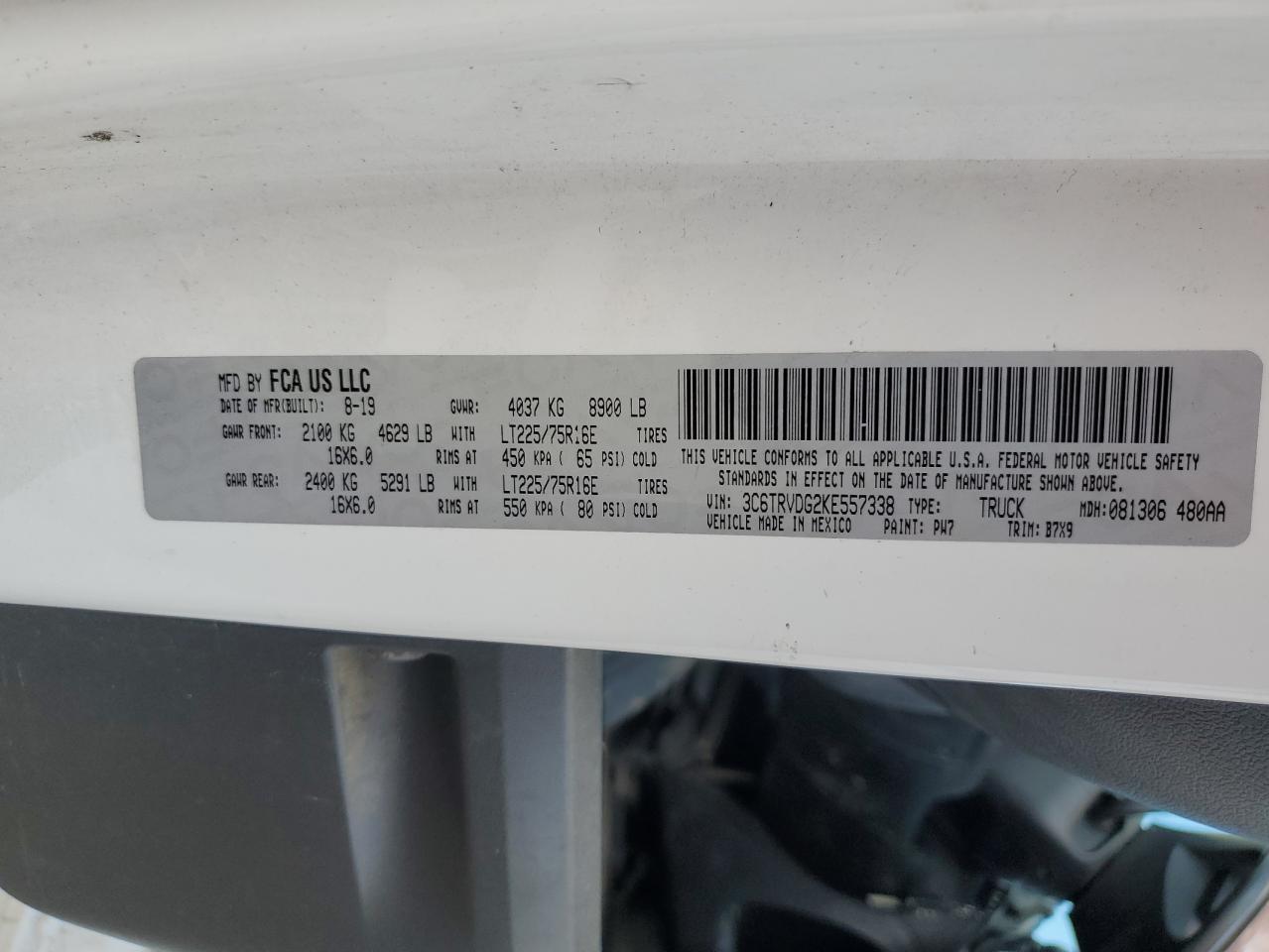 2019 Ram Promaster 2500 2500 High VIN: 3C6TRVDG2KE557338 Lot: 69875825