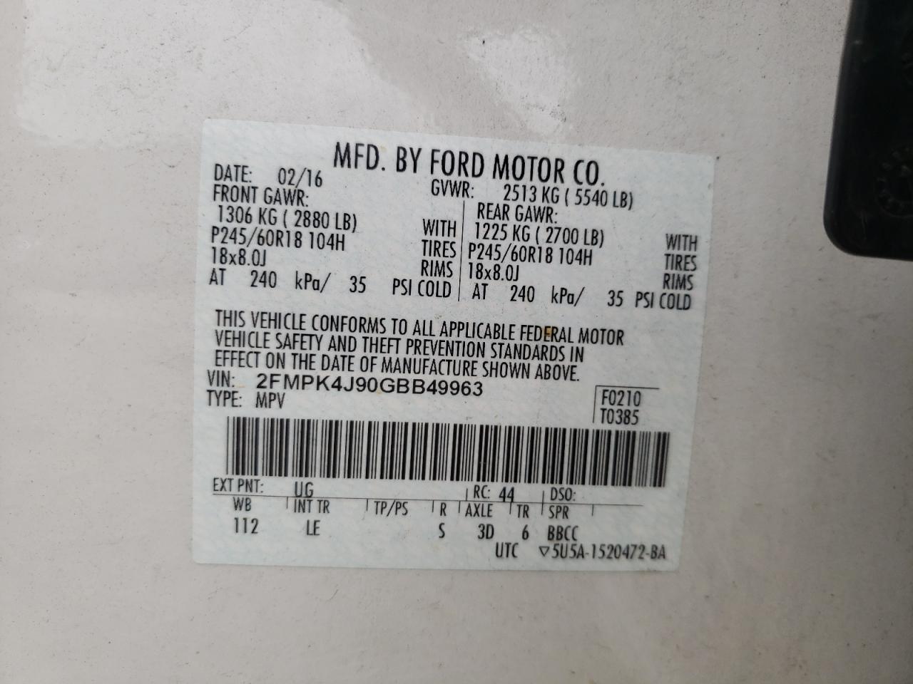 2016 Ford Edge Sel VIN: 2FMPK4J90GBB49963 Lot: 68043175