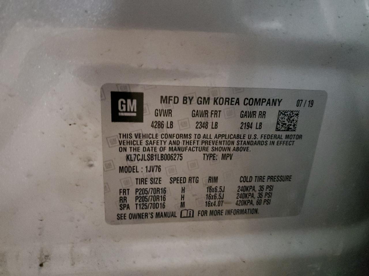 2020 Chevrolet Trax 1Lt VIN: KL7CJLSB1LB006275 Lot: 69333025