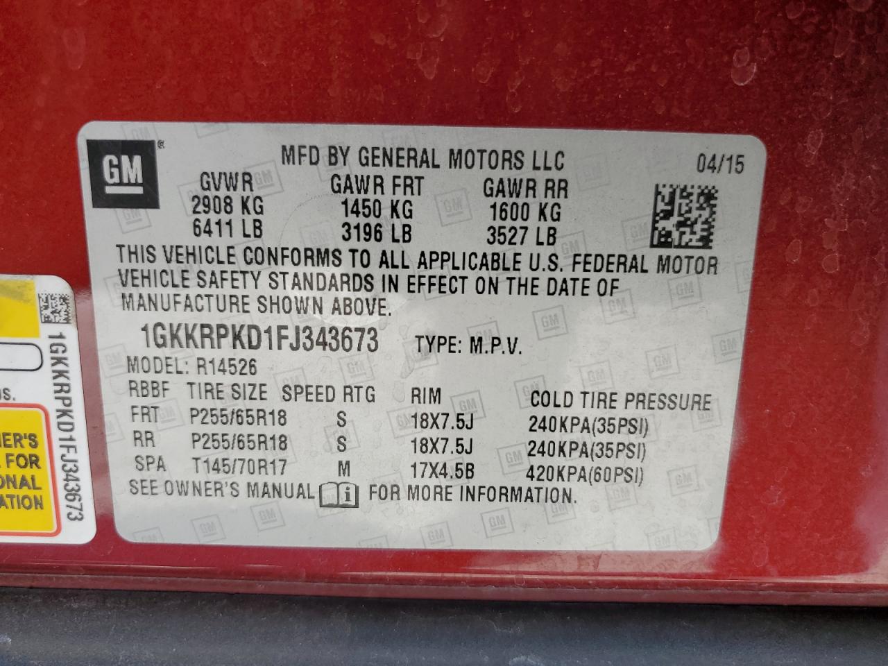 2015 GMC Acadia Sle VIN: 1GKKRPKD1FJ343673 Lot: 68219095