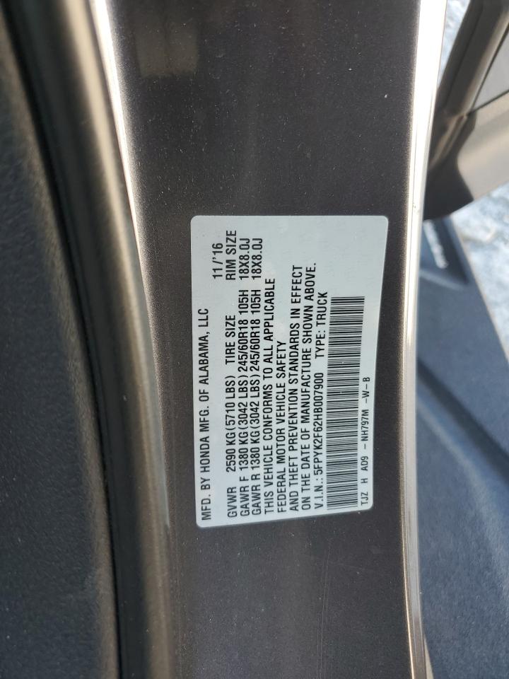 2017 Honda Ridgeline Rtl VIN: 5FPYK2F62HB007900 Lot: 69574375