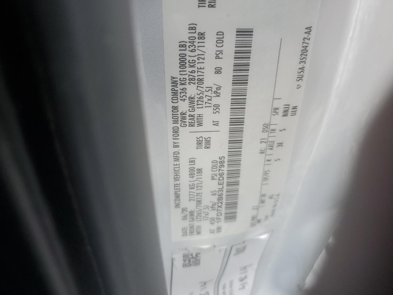 2020 Ford F250 Super Duty VIN: 1FD7X2B63LED67985 Lot: 67600925