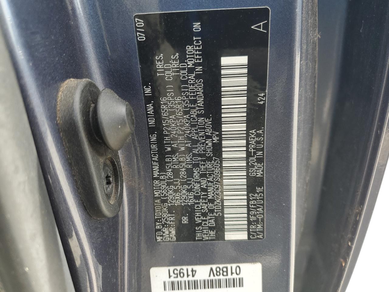 2007 Toyota Sienna Ce VIN: 5TDZK23C97S096057 Lot: 69836485