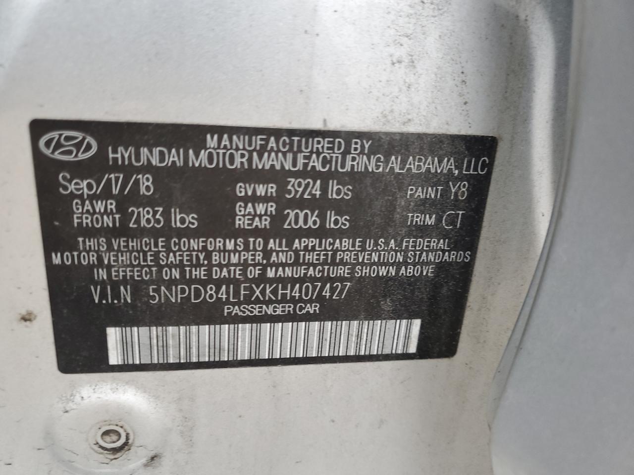 2019 Hyundai Elantra Sel VIN: 5NPD84LFXKH407427 Lot: 69172975