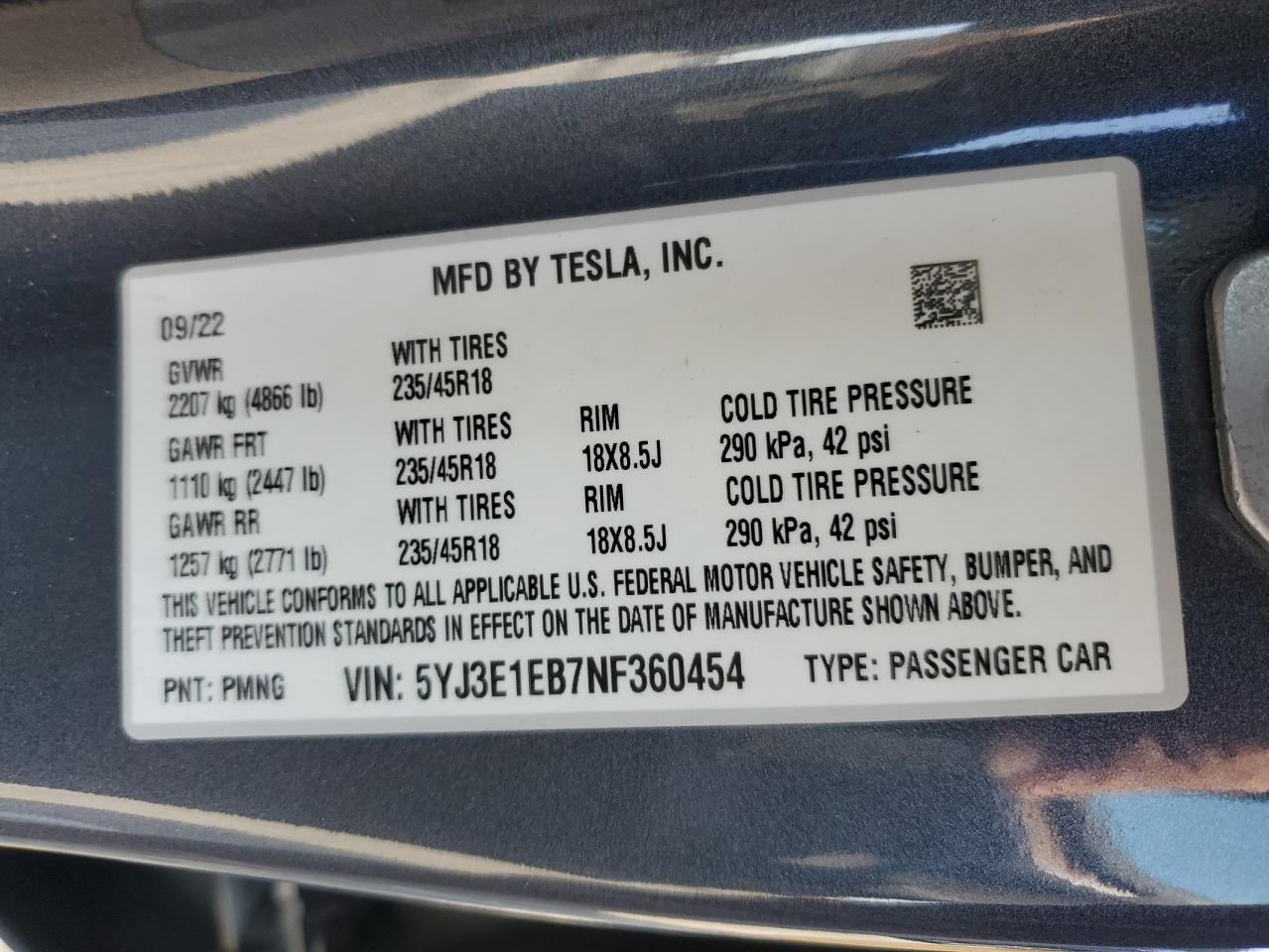 2022 Tesla Model 3 VIN: 5YJ3E1EB7NF360454 Lot: 67429675