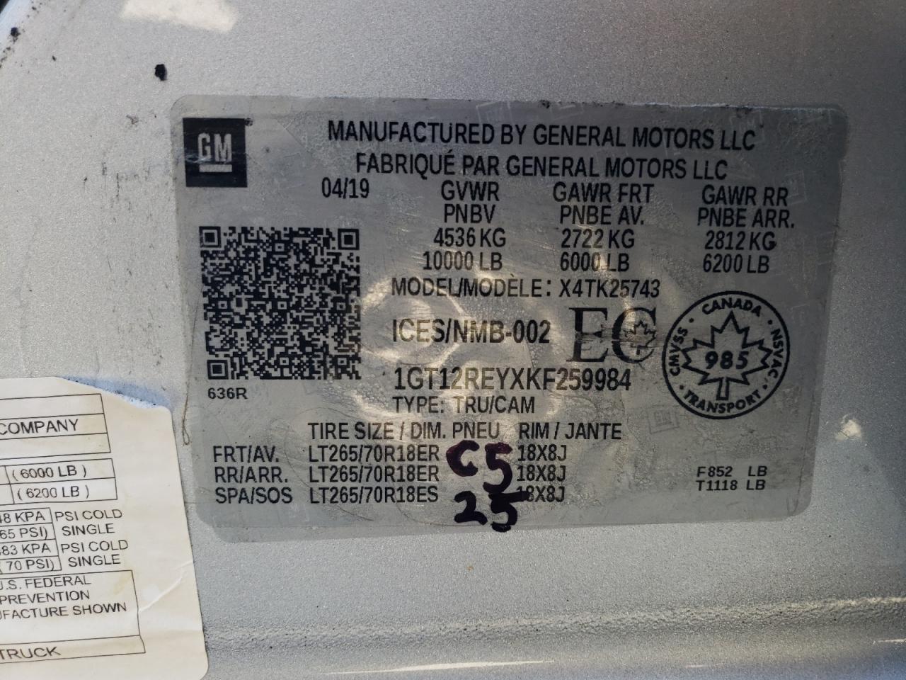 2019 GMC Sierra K2500 Slt VIN: 1GT12REYXKF259984 Lot: 67046175