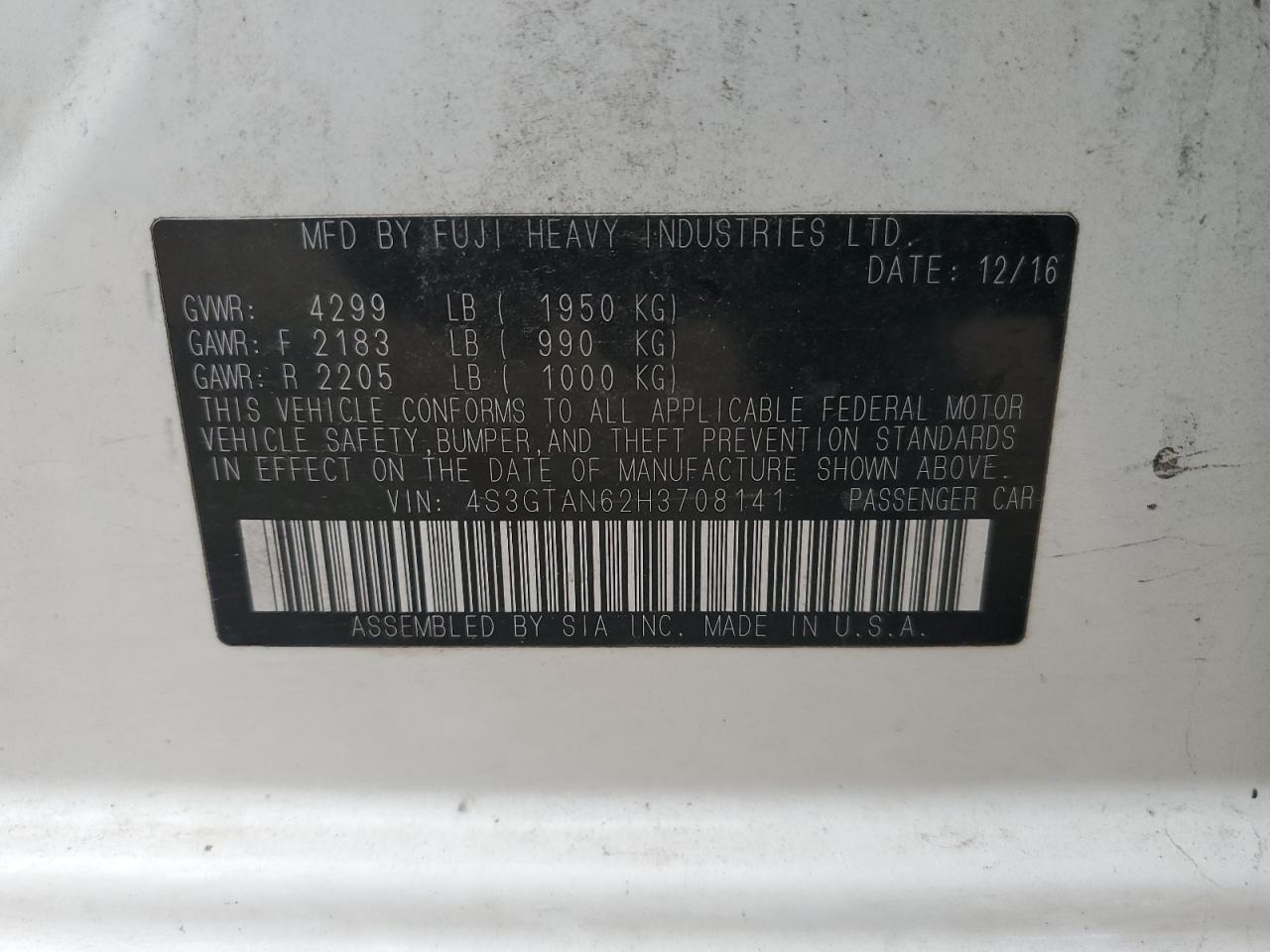 2017 Subaru Impreza Limited VIN: 4S3GTAN62H3708141 Lot: 68774995
