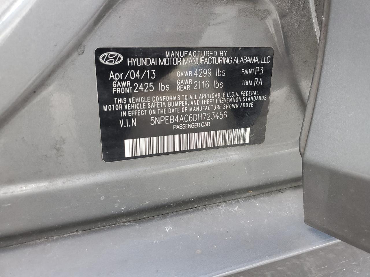 2013 Hyundai Sonata Gls VIN: 5NPEB4AC6DH723456 Lot: 69961045