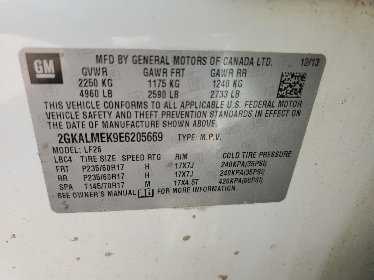 2014 GMC Terrain Sle VIN: 2GKALMEK9E6205669 Lot: 69843305