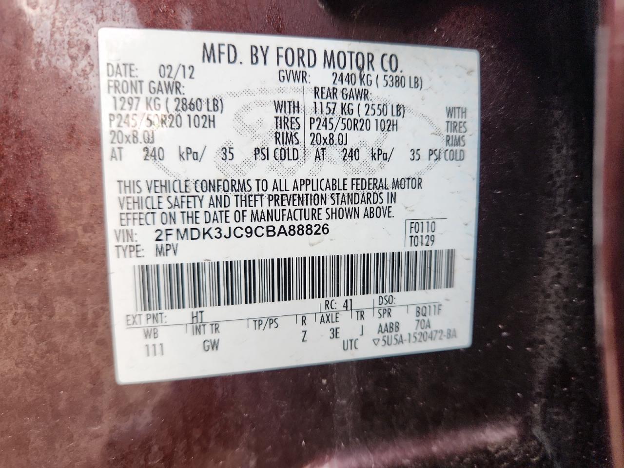 2012 Ford Edge Sel VIN: 2FMDK3JC9CBA88826 Lot: 69941735