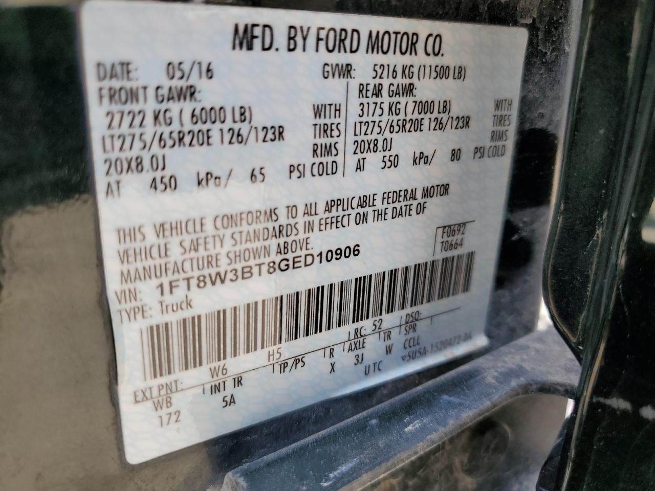 2016 Ford F350 Super Duty VIN: 1FT8W3BT8GED10906 Lot: 70751945