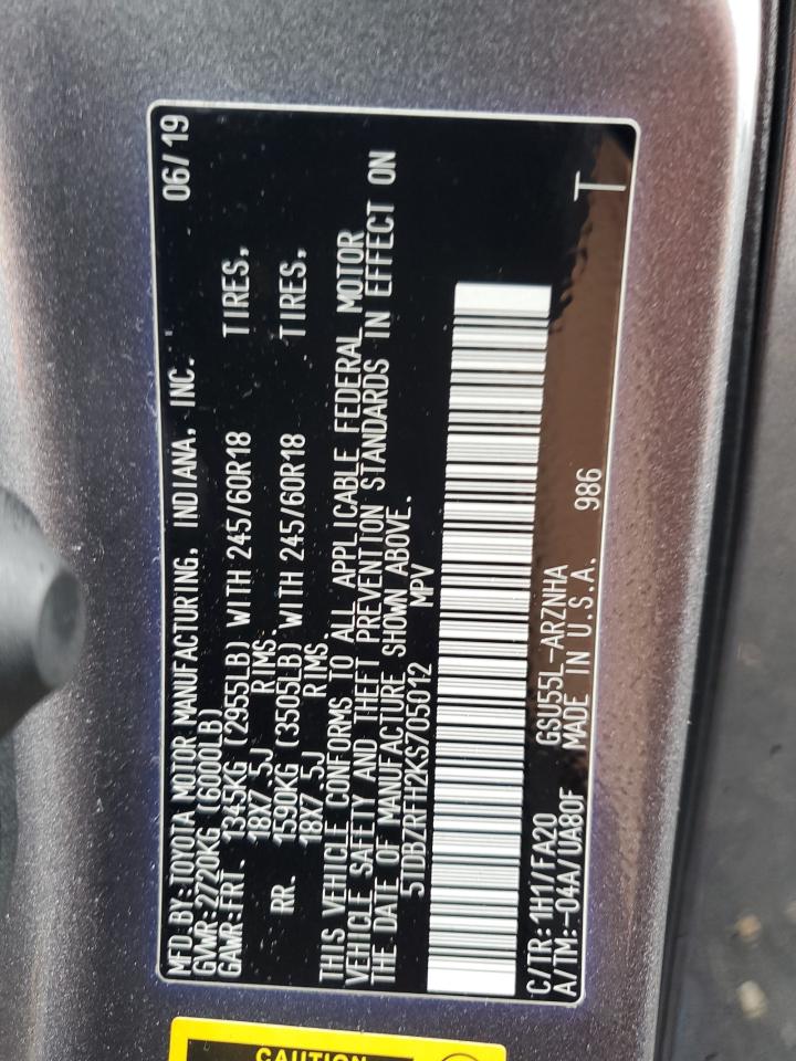 2019 Toyota Highlander Le VIN: 5TDBZRFH2KS705012 Lot: 69036525