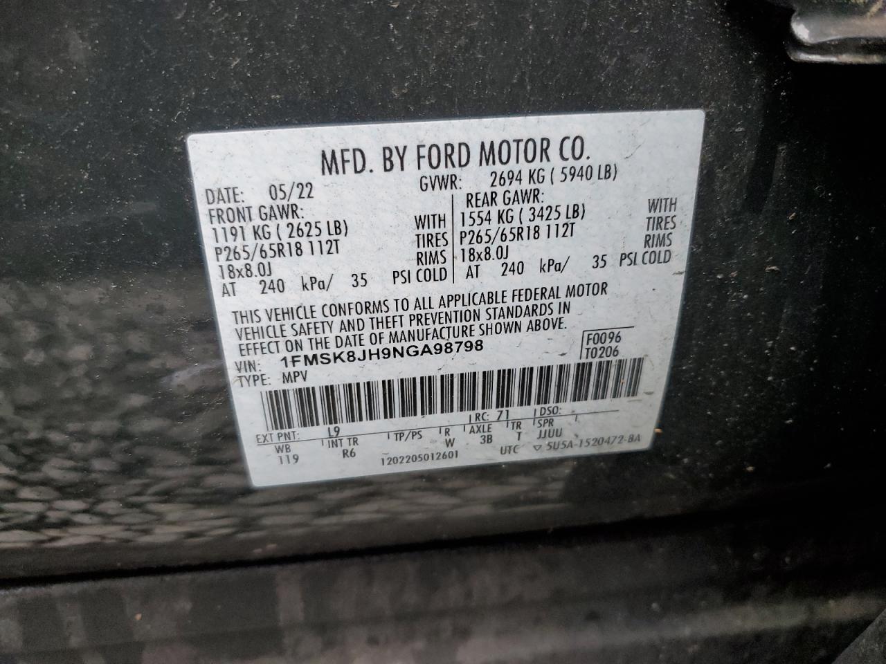 2022 Ford Explorer Timberline VIN: 1FMSK8JH9NGA98798 Lot: 69863915