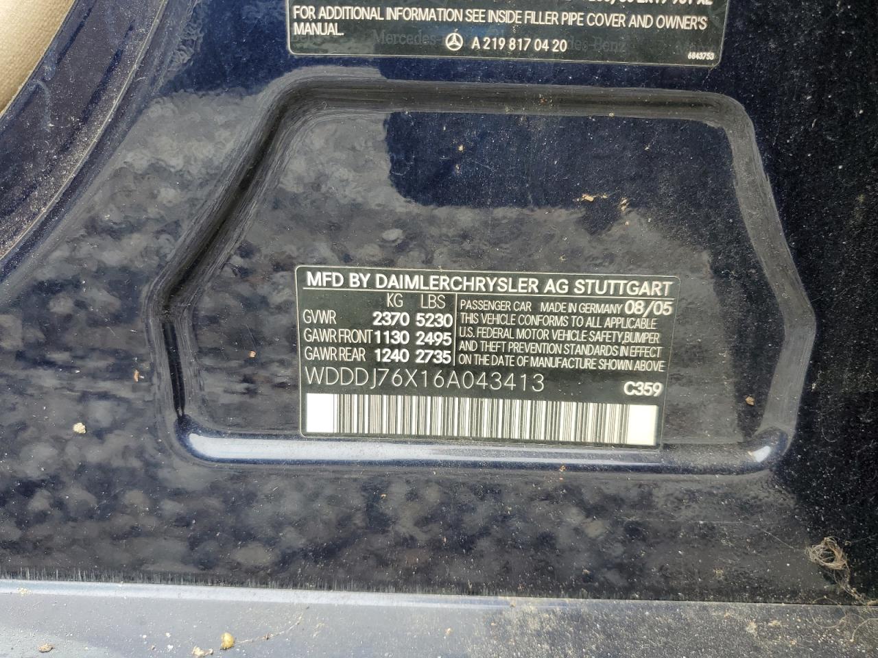 2006 Mercedes-Benz Cls 55 Amg VIN: WDDDJ76X16A043413 Lot: 67894275
