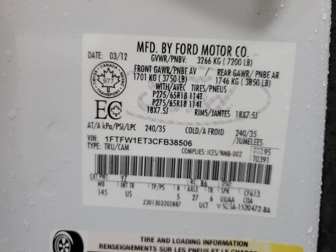 2012 Ford F150 Supercrew VIN: 1FTFW1ET3CFB38506 Lot: 68110175