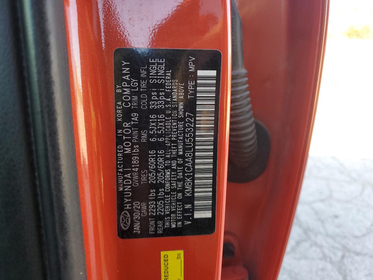 2020 Hyundai Kona Se VIN: KM8K1CAA8LU553227 Lot: 70271505