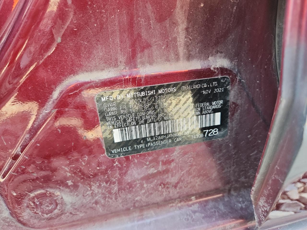 2022 Mitsubishi Mirage Es VIN: ML32AUHJXNH001887 Lot: 70742305