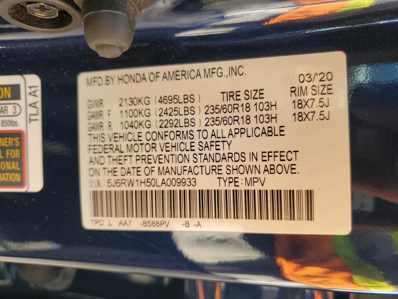 2020 Honda Cr-V Ex VIN: 5J6RW1H50LA009933 Lot: 67810125