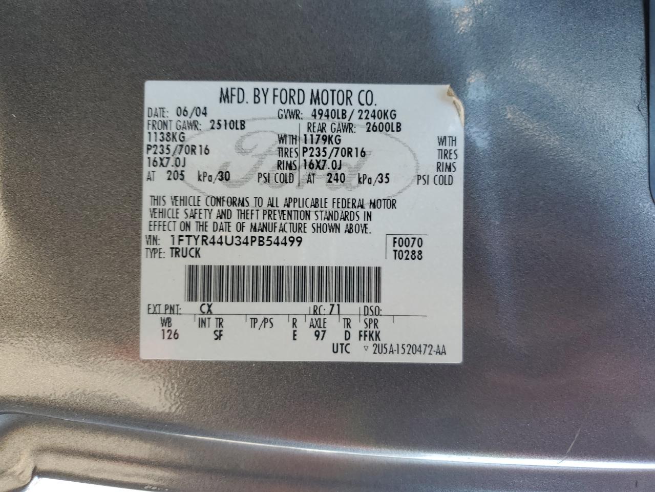2004 Ford Ranger Super Cab VIN: 1FTYR44U34PB54499 Lot: 70604415