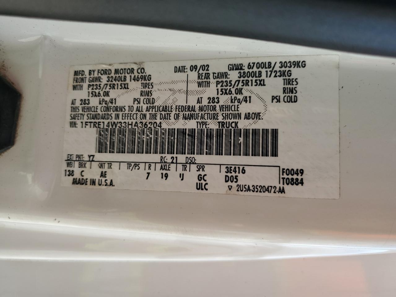 2003 Ford Econoline E150 Van VIN: 1FTRE14W33HA36204 Lot: 70004855