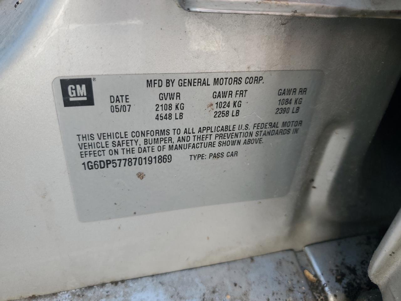 2007 Cadillac Cts Hi Feature V6 VIN: 1G6DP577870191869 Lot: 69030205