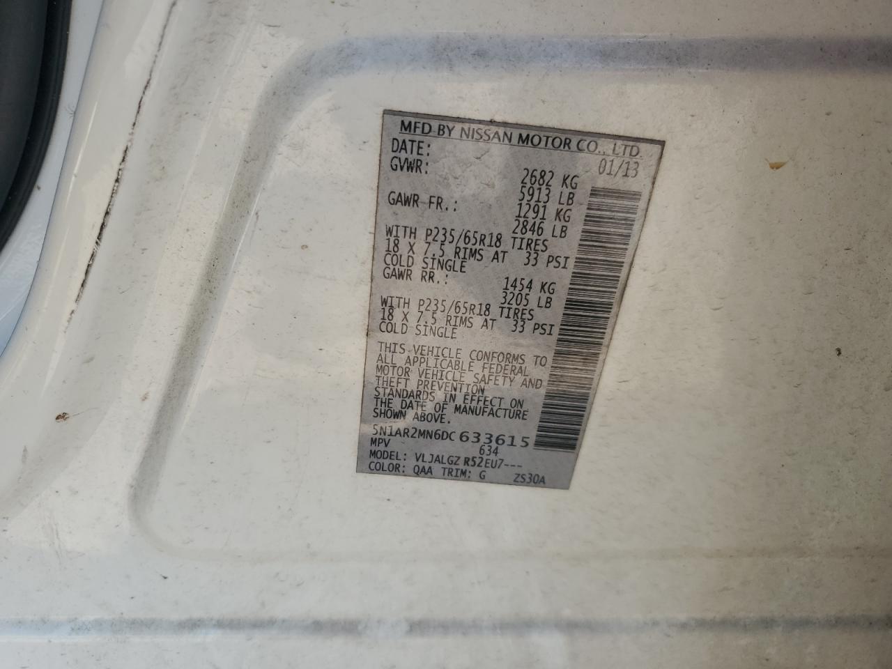 2013 Nissan Pathfinder S VIN: 5N1AR2MN6DC633615 Lot: 68935225
