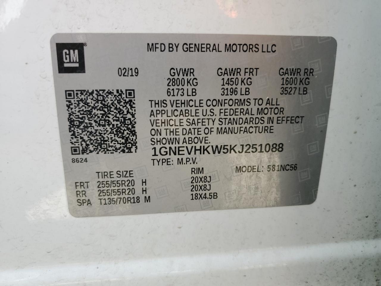 2019 Chevrolet Traverse Lt VIN: 1GNEVHKW5KJ251088 Lot: 69681405
