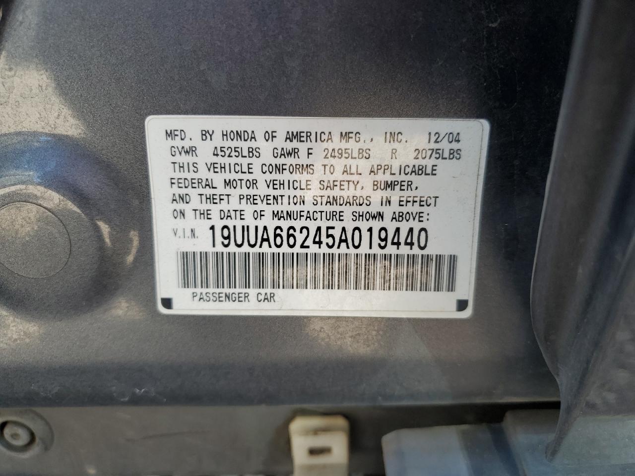 2005 Acura Tl VIN: 19UUA66245A019440 Lot: 69275445