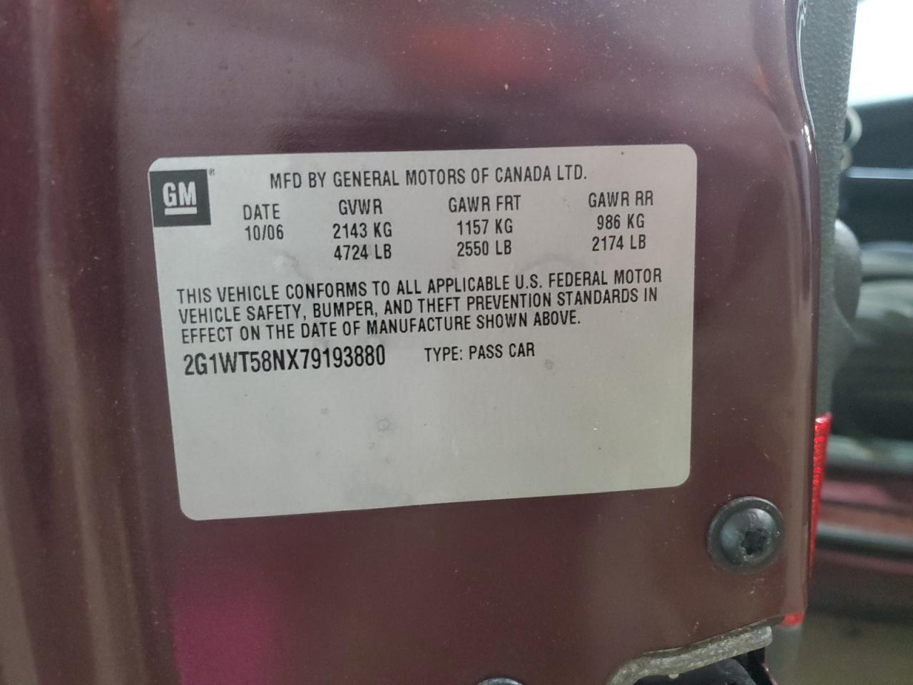 2007 Chevrolet Impala Lt VIN: 2G1WT58NX79193880 Lot: 68300595