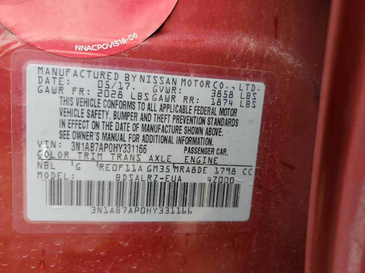 2017 Nissan Sentra S VIN: 3N1AB7AP0HY331166 Lot: 69286815