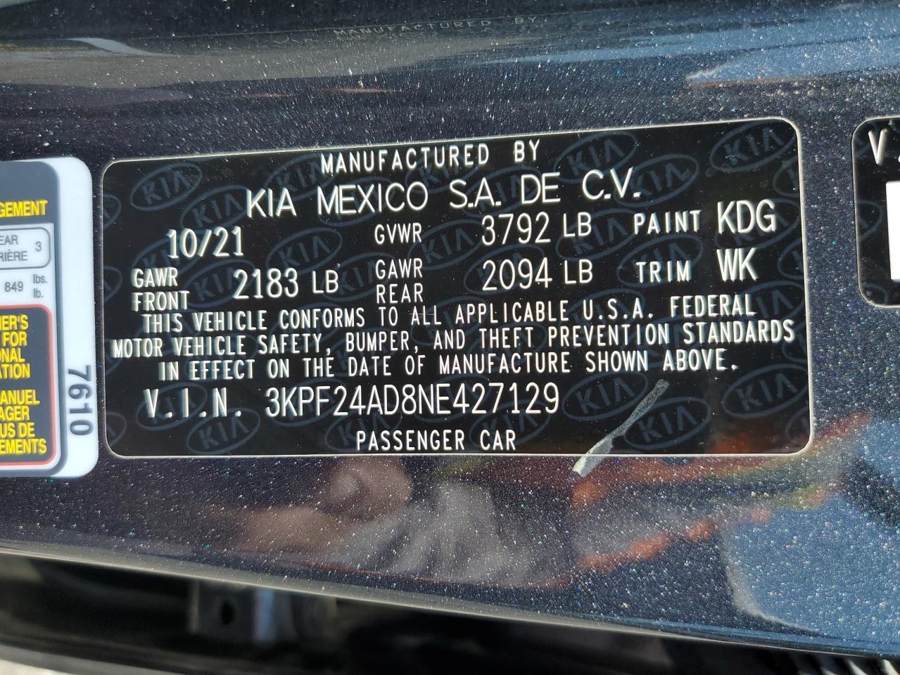 3KPF24AD8NE427129 2022 Kia Forte Fe