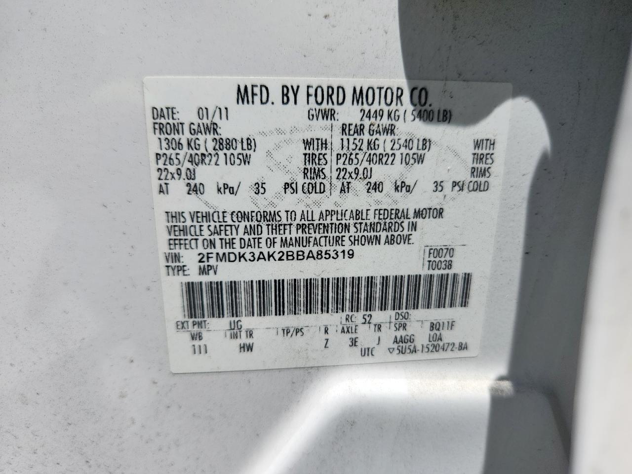 2011 Ford Edge Sport VIN: 2FMDK3AK2BBA85319 Lot: 69143315