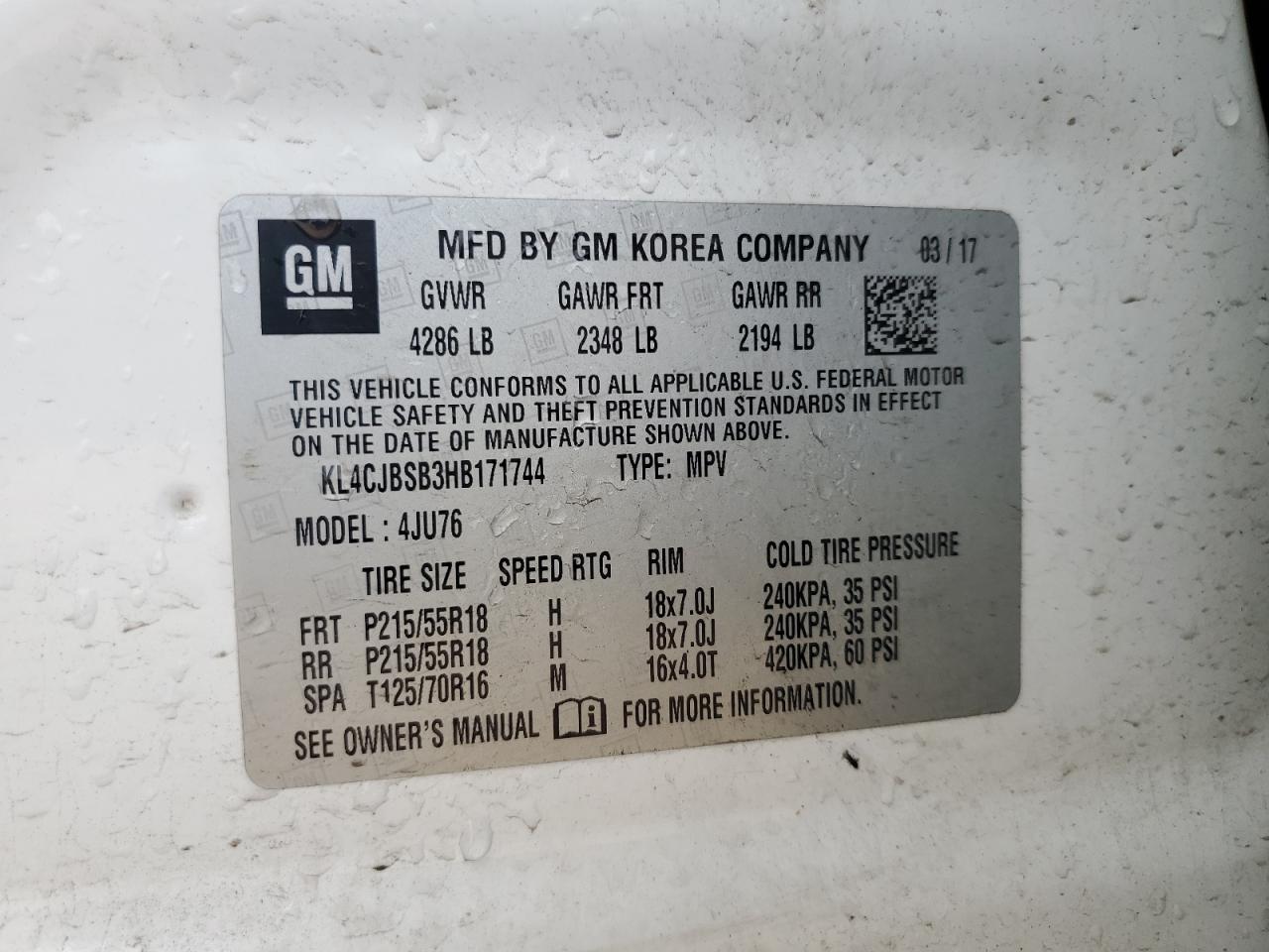 2017 Buick Encore Preferred Ii VIN: KL4CJBSB3HB171744 Lot: 70173565