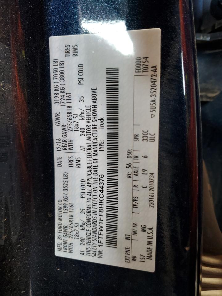 2017 Ford F150 Supercrew VIN: 1FTFW1EF8HKC44376 Lot: 69982485